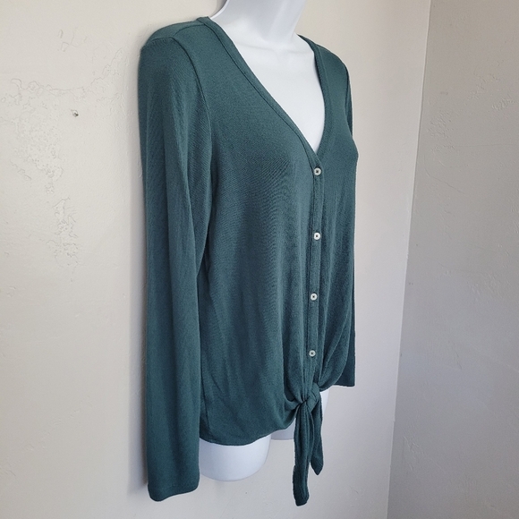 Loft Women's XS Teal Blue Green Long Sleeve Shirt Button Front Knot V-neck Top - Picture 4 of 8